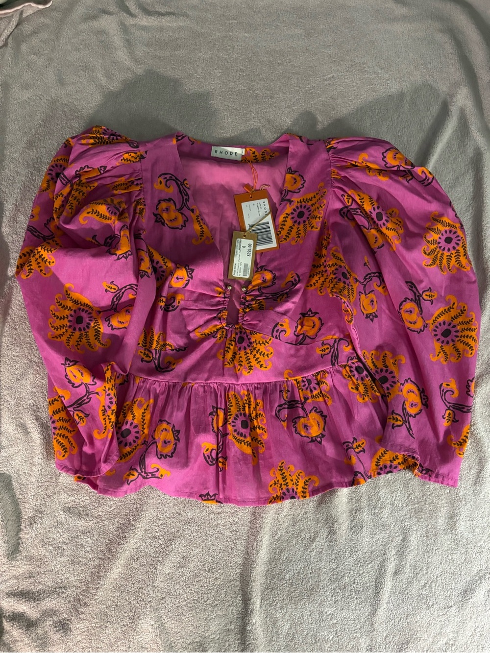 RHODE Pink Floral Puff-Sleeve Peplum Blouse with Orange Accents